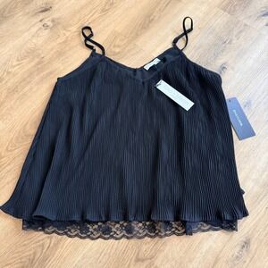 NWT KOKO + MASON Black Pleated‎ Lace Trim Camisole Top Medium